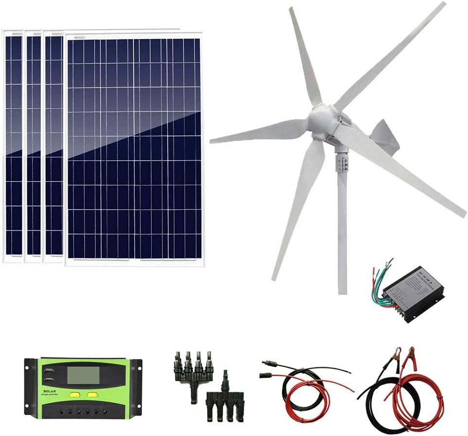 AUECOOR Home Wind Solar Power System 1200W: 4pcs 100W Polycrystalline Solar Panels + 800W Wind Turbine Generator for Battery Charging Off Grid
