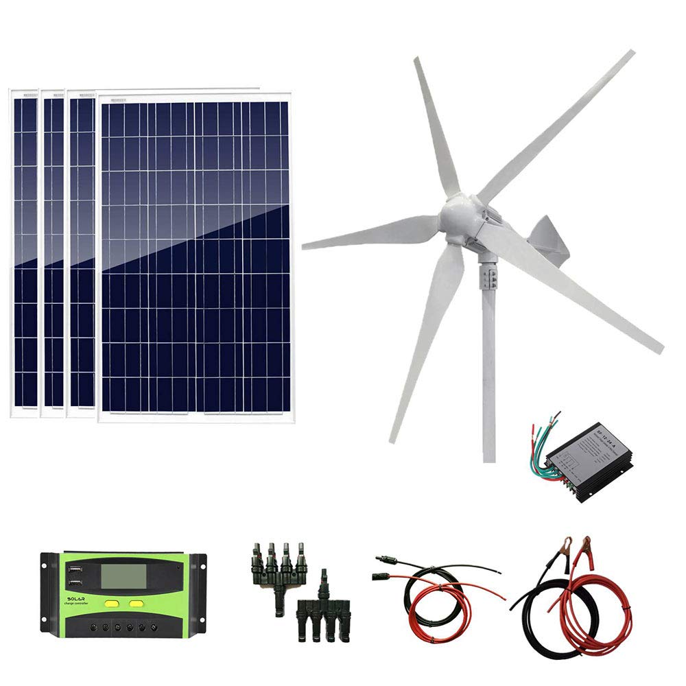 AUECOOR Home Wind Solar Power System 1200W: 4pcs 100W Polycrystalline Solar Panels + 800W Wind Turbine Generator for Battery Charging Off Grid