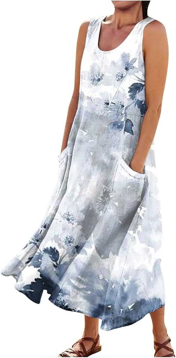Sleeveless Dresses for Womens 2026 Beach Cotton Linen Floral Printed Dresses with Pockets Casual Flowy Long Dress