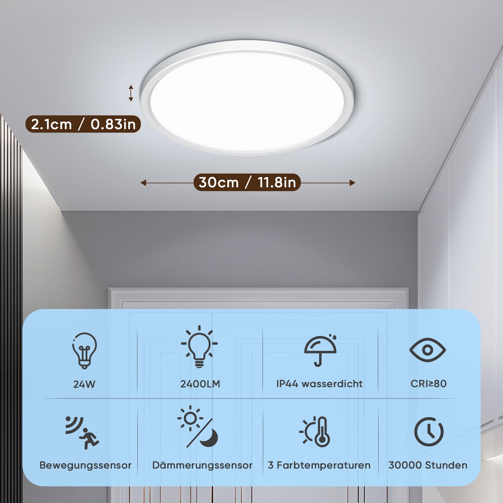 NIBSHOOM LED Deckenlampe mit Bewegungsmelder, 3000K/4000K/6500K 24W IP44 Wasserdicht Deckenleuchte Innen, mit Radar Bewegungssensor und Dämmerungssensor Lampe für Flur Bad Treppe Balkon Garage, 30cm