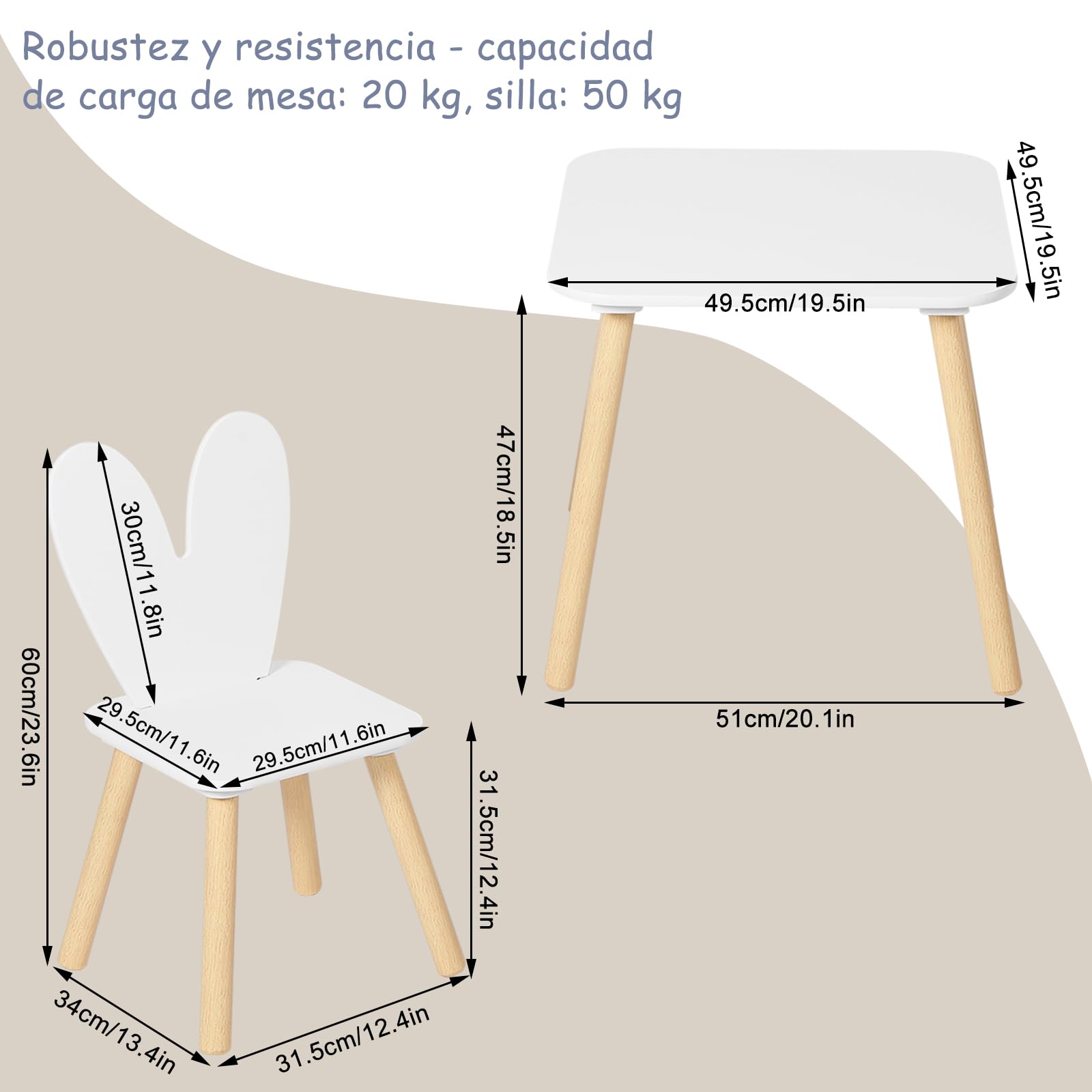 WOLTU Mesa y Sillas Infantiles con Respaldo en Forma de Conejos, Mesa Infantil con Sillas para Jardin Infancia y Habitación de Niños, Patas de Madera Maciza, Blanco
