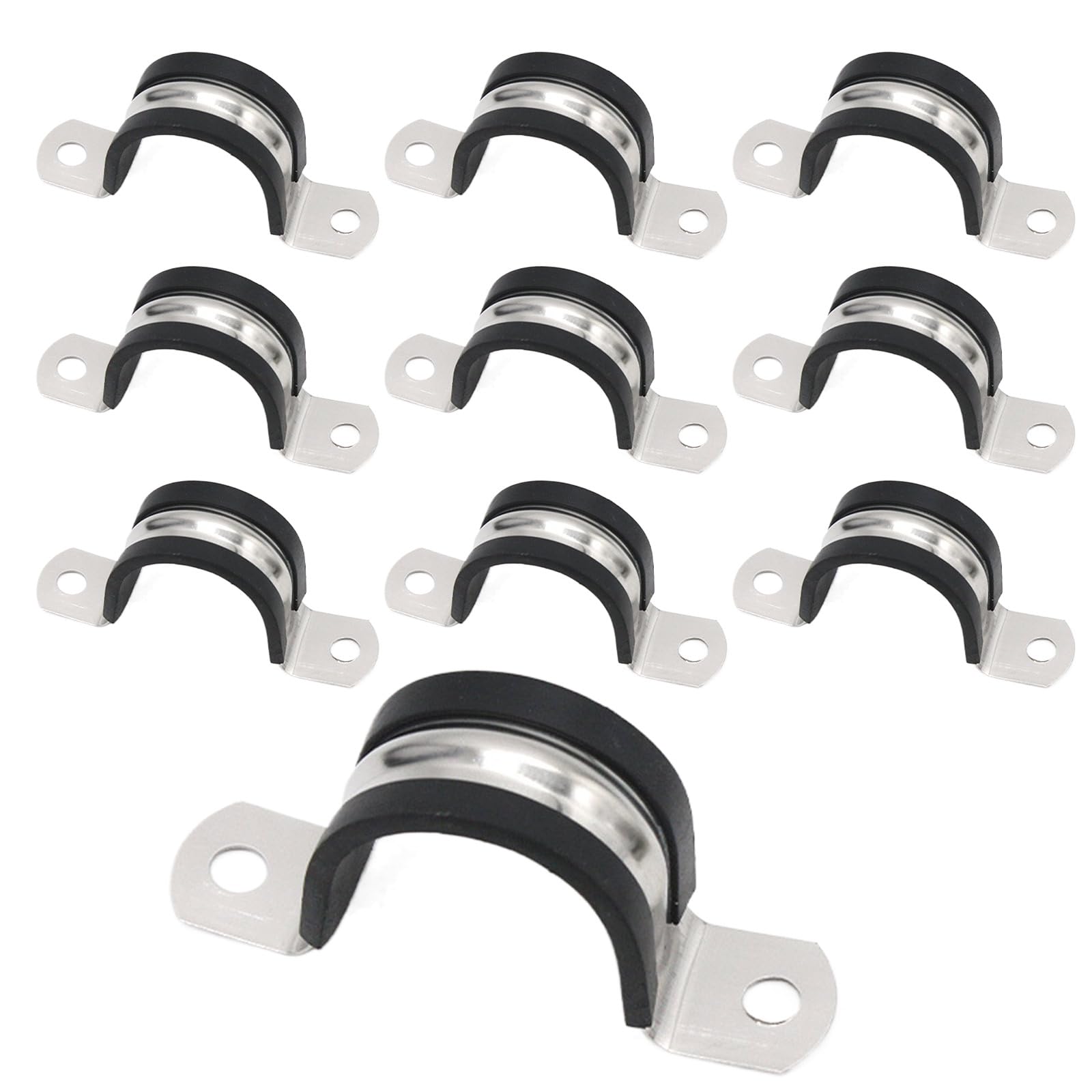 Strrng Black 10 Pcs Saddle Clips, 18Mm Hose Clamp, 304 Stainless Steel Rubber Pipe Strap, U Pipe Clips Rigid Conduits Clip, Saddle Clip Mit Rubber Cushioned, 2 Holes Brackets Insulated Tube Clamp For Pipes Fixing
