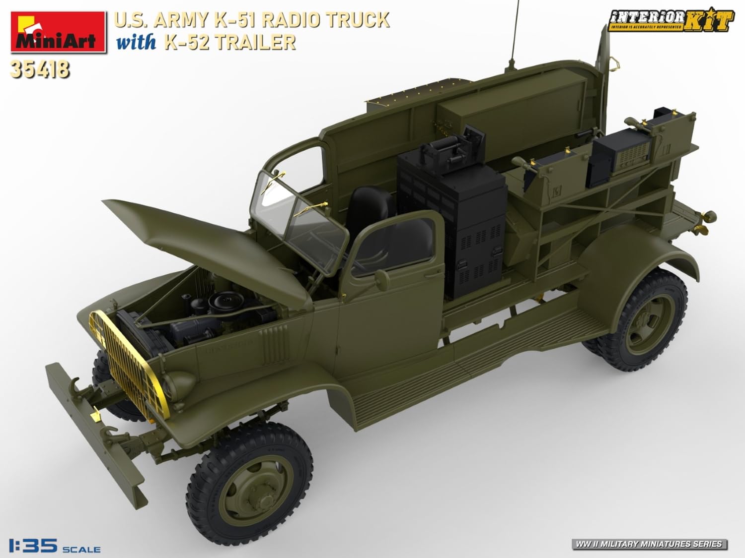 MiniArt 35418 1:35 US Funkwagen K-51 mit Anhäng. K-52 - originalgetreue Nachbildung, Modellbau, Plastik Bausatz, Basteln, Hobby, Kleben, Modellbausatz, Zusammenbauen, unlackiert