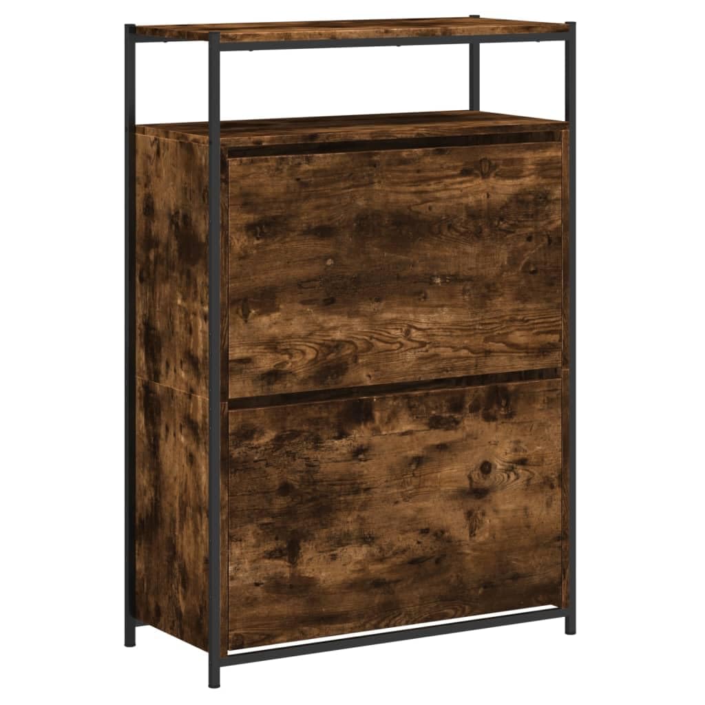 Szafka na buty, dąb wędzony, materiał drewnopochodny, 75 x 34 x 112 cm, wąska, nie zajmuje dużo miejsca, z 2 klapkami i 1 półką do przedpokoju, przedpokoju i wejścia, praktyczne
