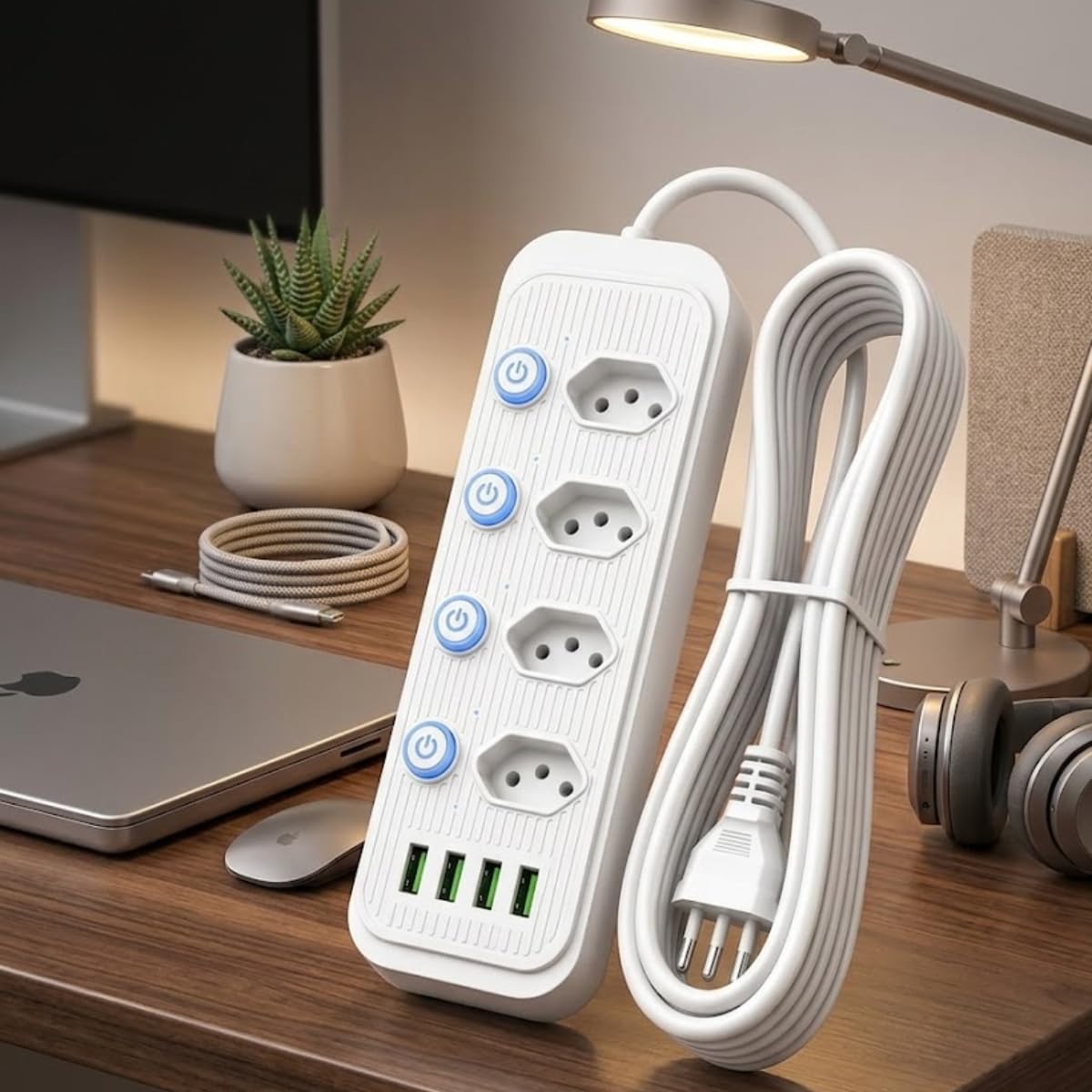 Extensão Elétrica 2 Metros 4 Tomadas e 4 Saídas USB, Botão Liga e Desliga Régua Com