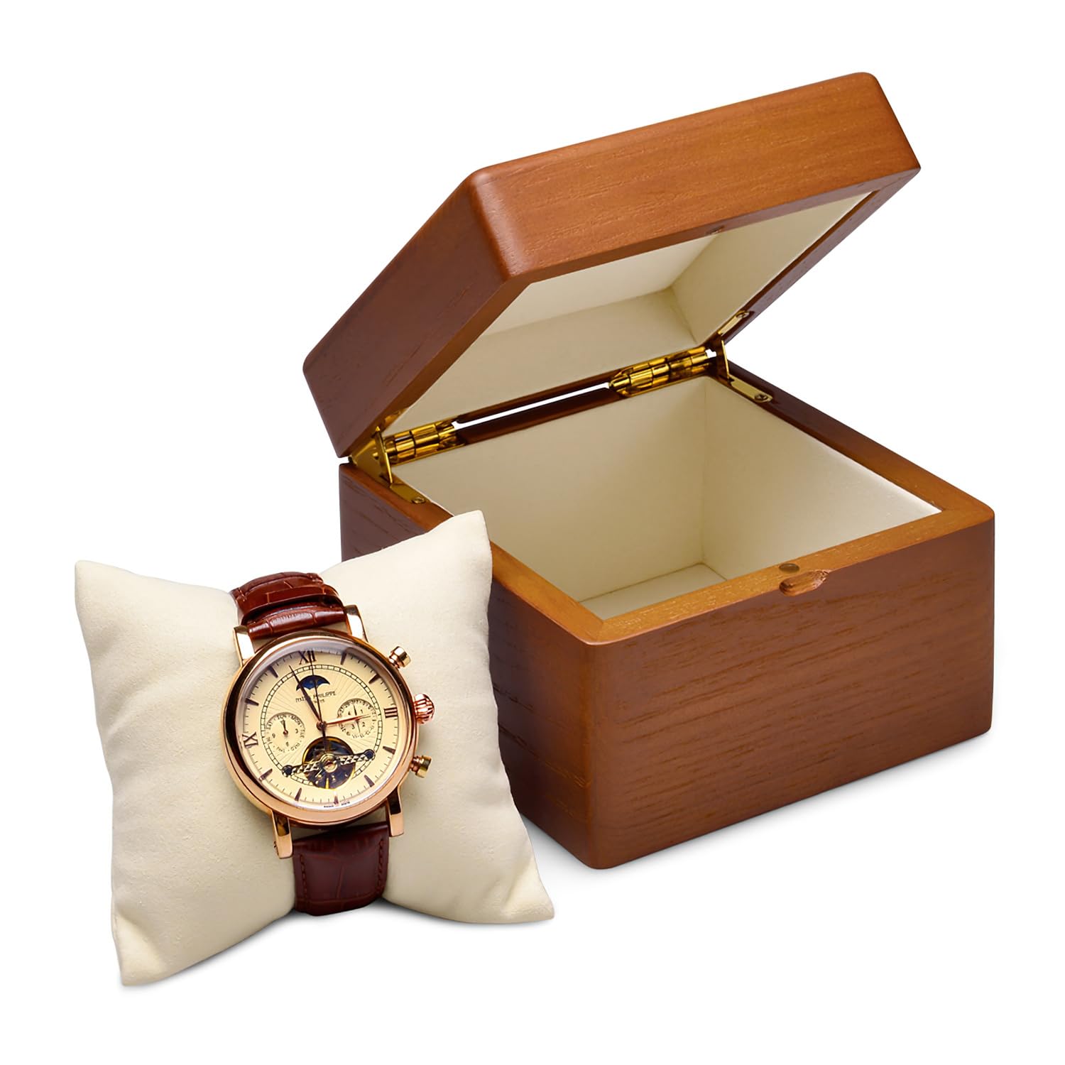 Oirlv Massivholz Uhrenbox für 1 Uhr,Uhrenaufbewahrung Armbandbox Halskettenbox Halskettenaufbewahrung(Creme Weiß/Einzel)