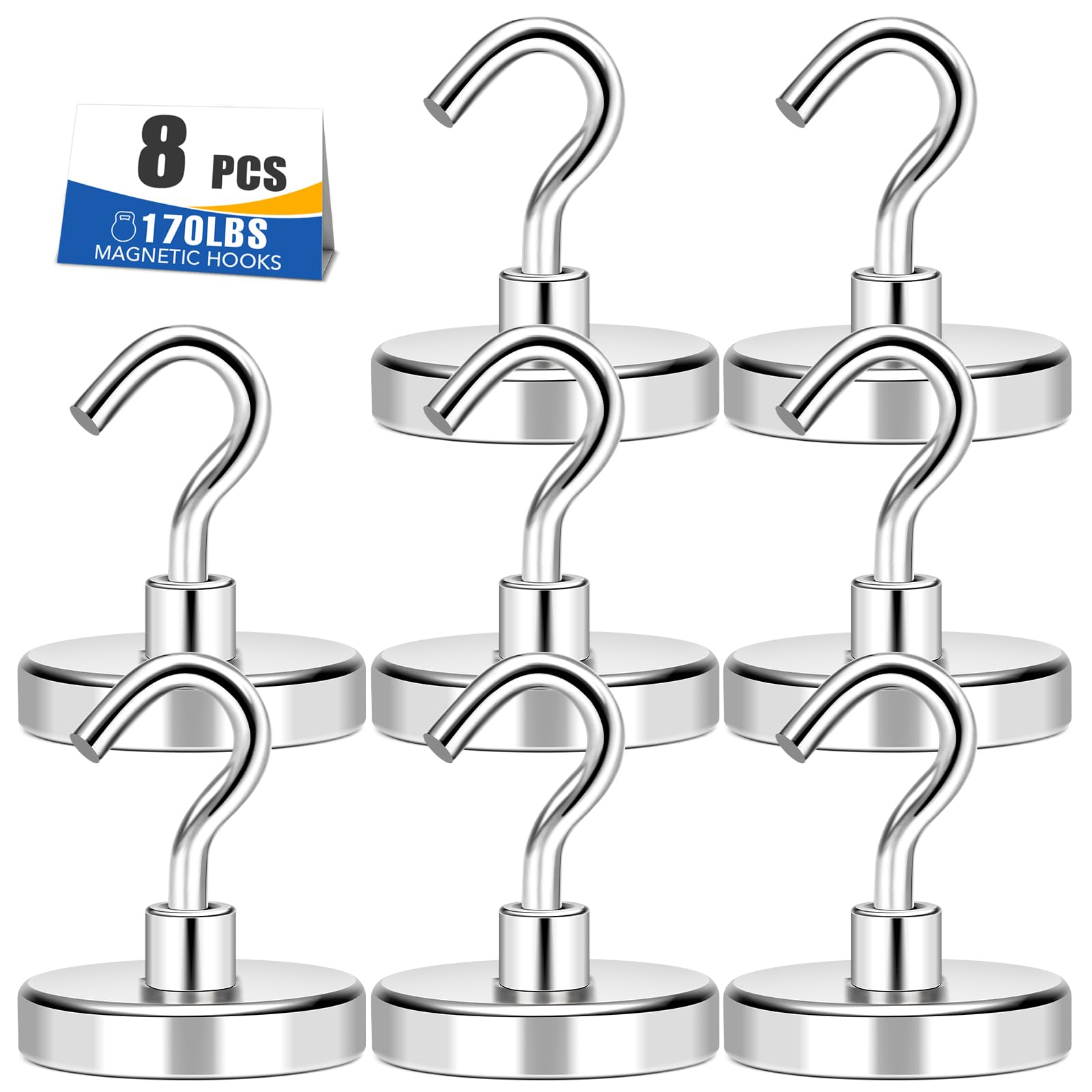 MIKEDE Ganchos magnéticos resistentes, 150 libras + imanes de neodimio fuertes para refrigerador, ganchos magnéticos grandes para colgar, imanes con ganchos, artículos esenciales para crucero para