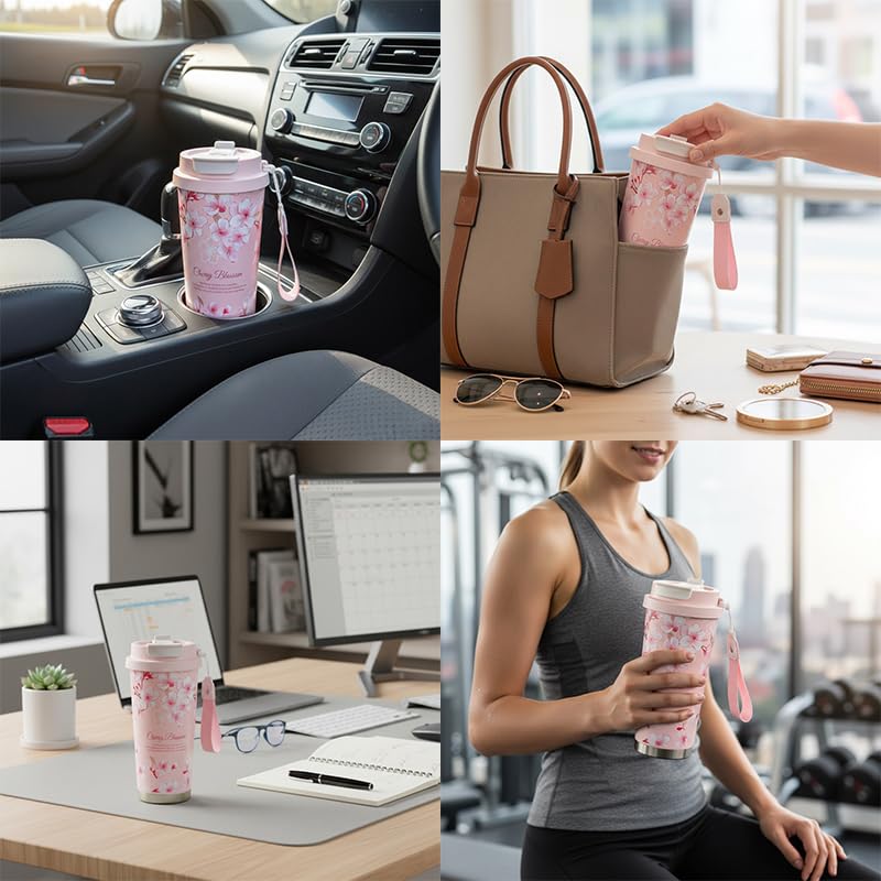 Image of Spiaty Summer Garden Floral Travel Mug with Strap, White Roses Design,500 ml Insulated Coffee Cup with Lid Leak-Proof Thermos Mug for Coffee, Tea, Hot or Cold Beverages
