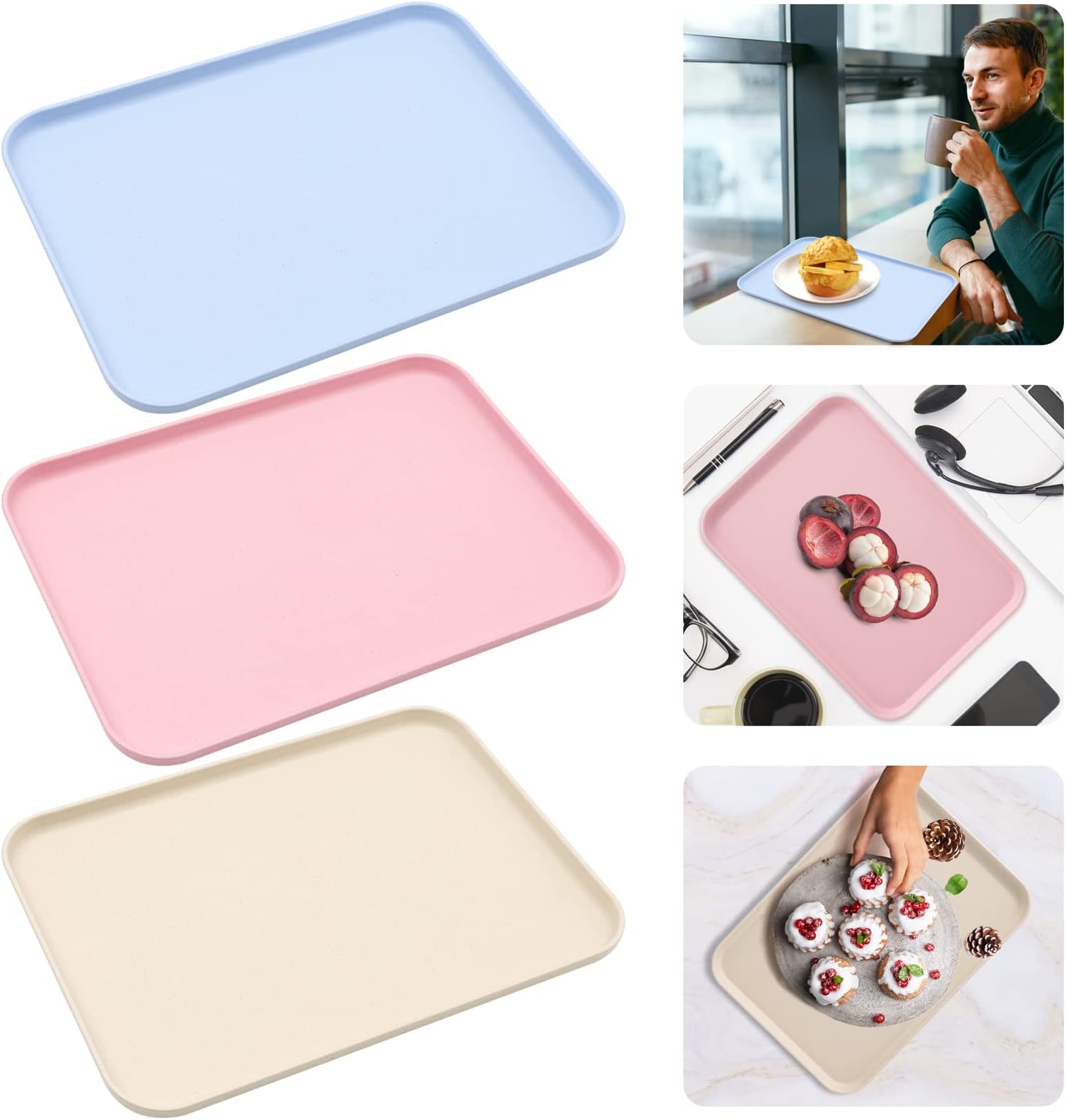 3 Pack Serving Trays, Rectangular Fast Food Trays, Food Drinks Trays Plastic Tray for Restaurant, Coffee Store, Kitchen, Party (Pink, Blue, Beige)