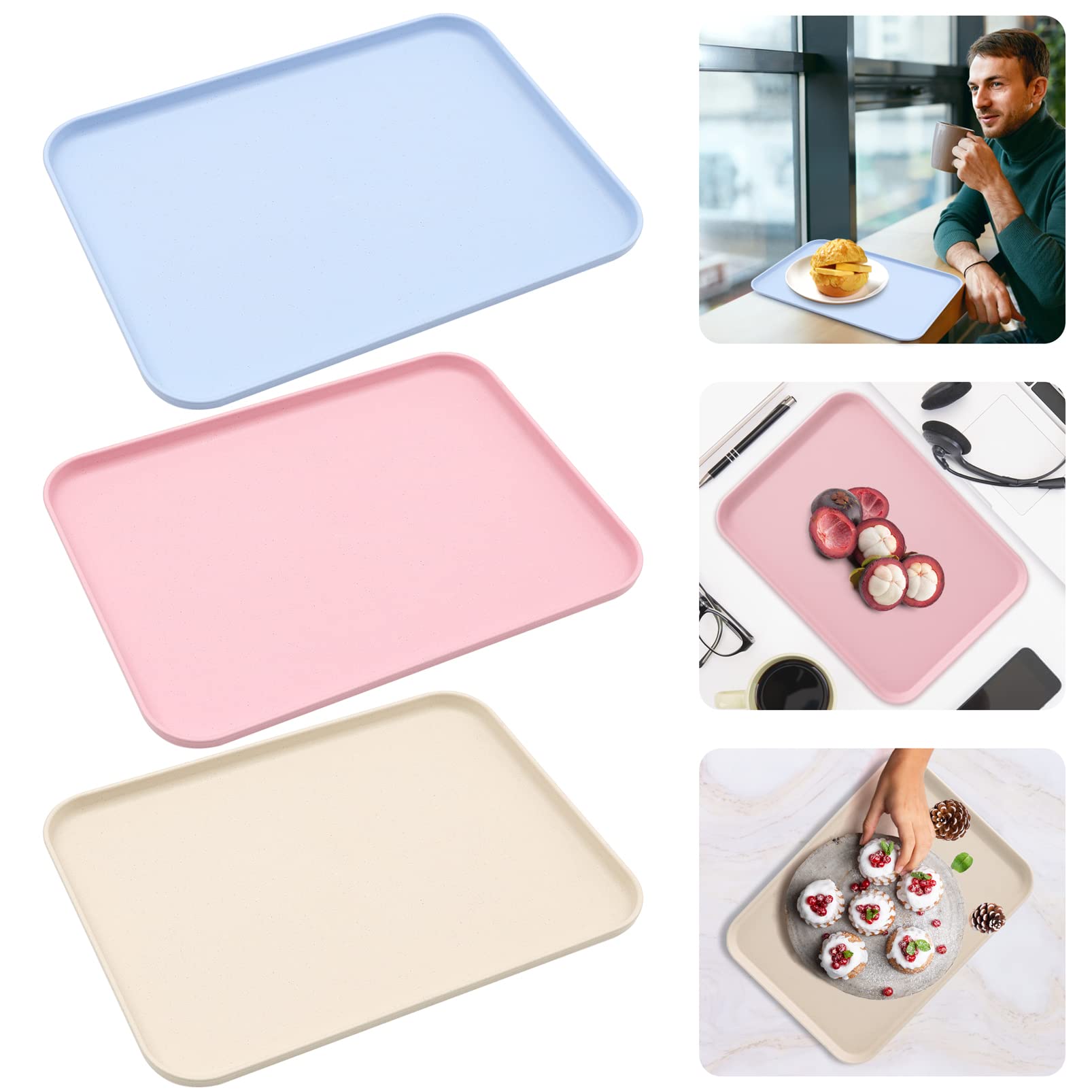 Set 3 Vassoi Rettangolari In Plastica Per Servizio - Colori Grigio, Rosa E Verde - Ideali Per Ristoranti, Bar, Cucina E Fast Food (34x24 Cm)
