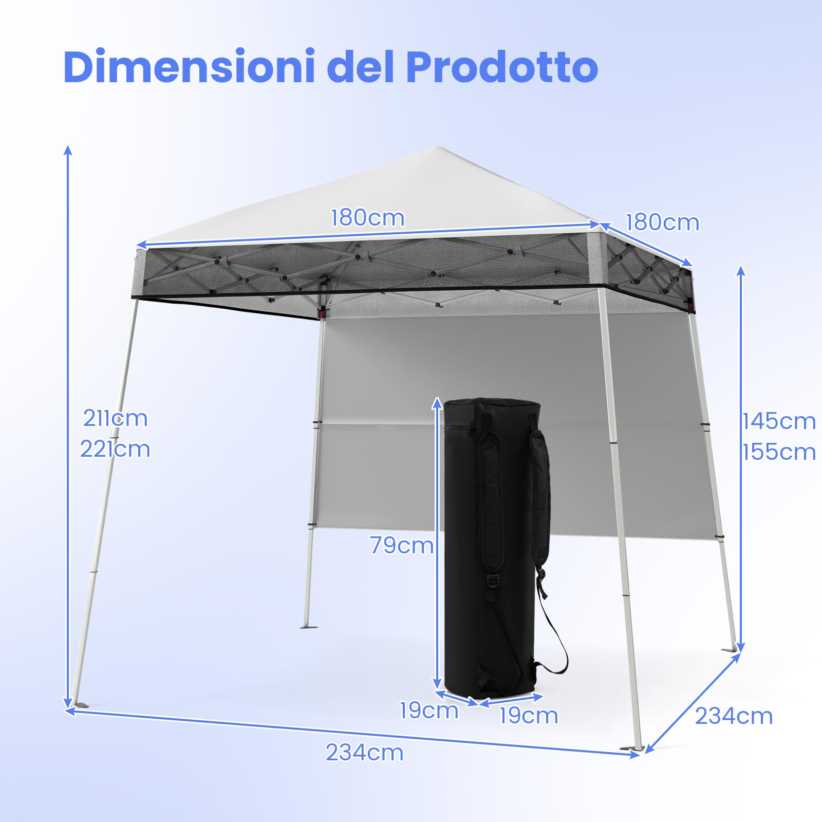 COSTWAY Gazebo Pop-up da Esterno 182 x 182 cm, Gazebo Pieghevole con 1 Parete Laterale, Gambe Inclinabili Regolabili e 4 Picchetti, Tendone Impermeabile per Feste, Campeggio e Picnic (Bianco)