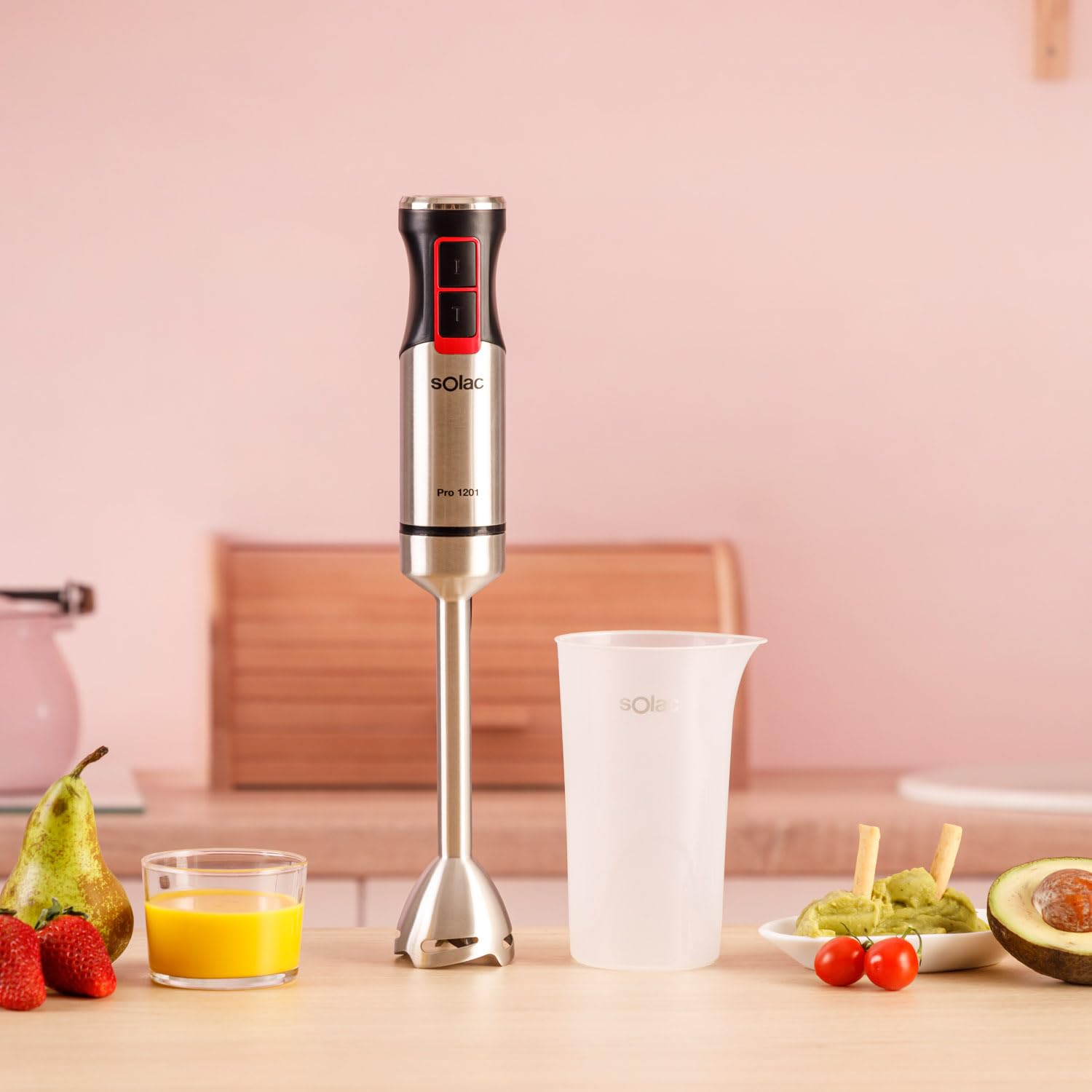 Solac – Batidora Pro | 1200W | Regulador velocidades | Función Turbo | 4 Cuchillas Inox | Campana Anti salpicaduras | Pica Hielo | Incluye vaso 700 ml | Apto lavavajillas