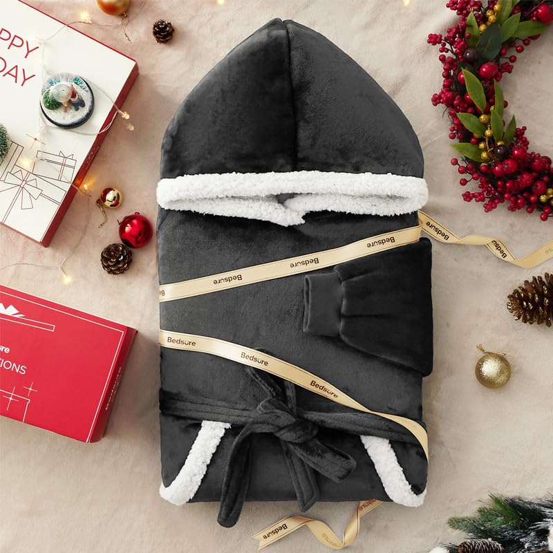 Image of Bedsure Wearable Blanket Hoodie, Long Hooded Blanket Sweatshirt as Christmas Birthday Gifts for Men, Cozy Sherpa Hoodie for Adult, Oversize, Charcoal