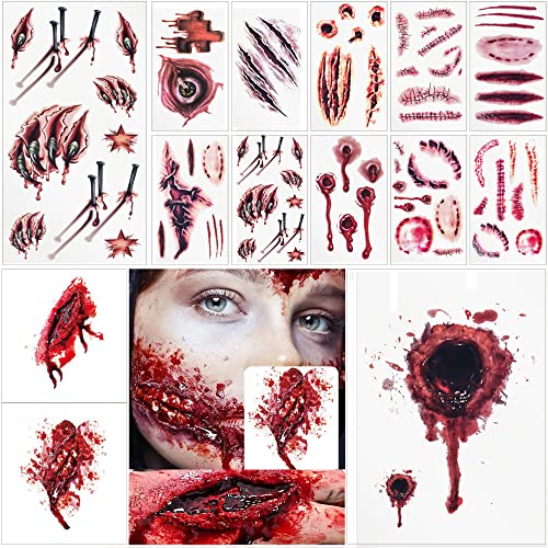 Halloween Tattoo Stickers,Halloween Temporary Tattoos Horror Zombie Makeup Realistic Fake Wound for Adult/ Kid Zombie Makeup Halloween Party Cosplay Masquerade Decorations,14 Sheets