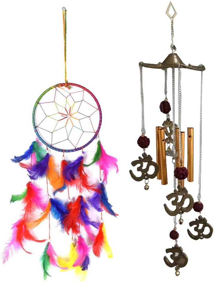 Ryme Combo of Multi-Color Dream Catcher & 5 Pipes Om Rudraksha Wind Chime | Boho Wall Hanging & Spiritual Decor for Home, Office, & Meditation Spaces