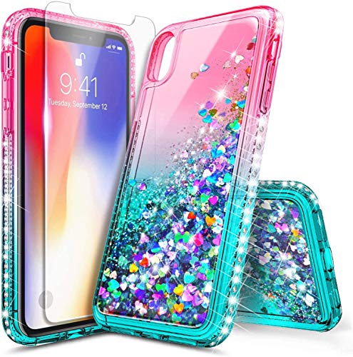 E-Began Case for iPhone XR (6.1 inch 2018 Release) with Tempered Glass Screen Protector, Glitter Liquid Floating Gradient Quicksand w/Sparkling Bling Diamond, Durable Girls Women Cute Case (Pink/Aqua)