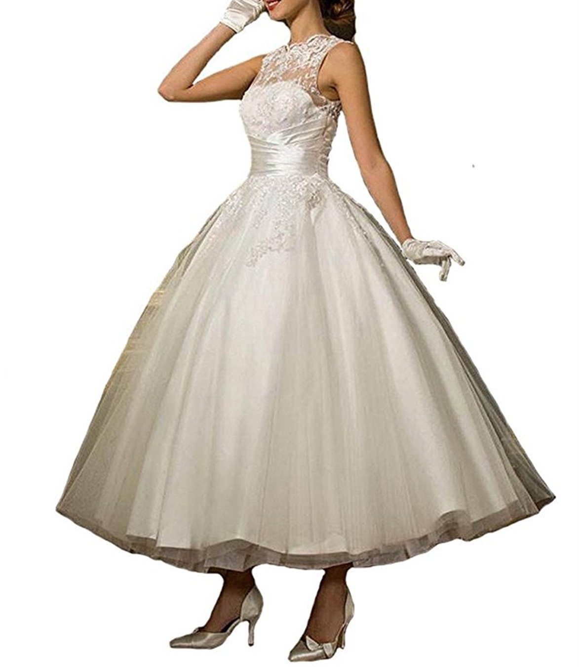 ANJURUISI Women's Lace Scoop Sleeveless Tea Length Tulle Bride Ball Gown Wedding Dresses Ivory-UK16