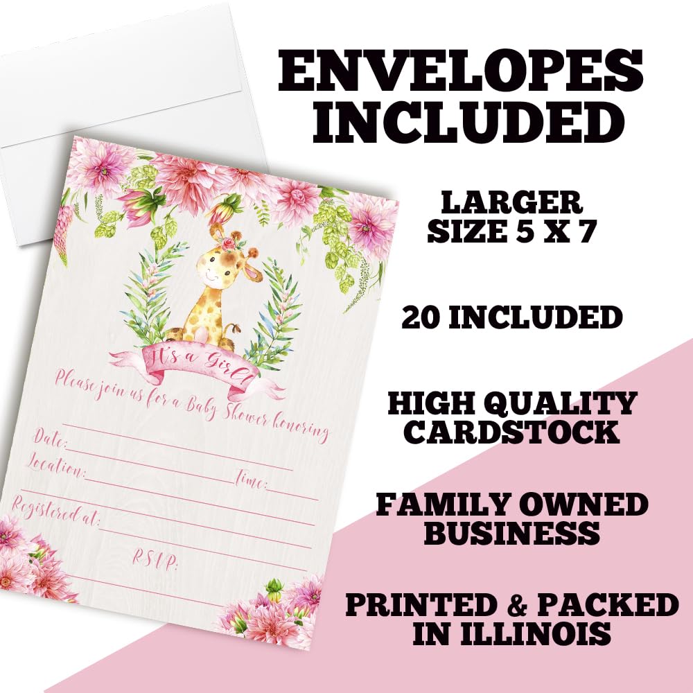 Watercolor Dahlia Floral Giraffe-Themed Baby Girl Sprinkle Shower Invitations, 20 5x7 Fill In Cards with Twenty White Envelopes by AmandaCreation