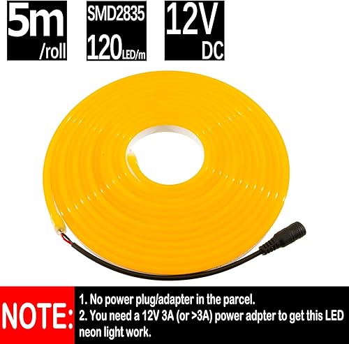 Miniatura 2 de HAUTY Luz LED de neón amarilla, 16.4 pies16.4 ft 120LEDm 0.236x0.472 in SMD2835 DC12V Luz de neón LED flexible impermeable para decoración interior