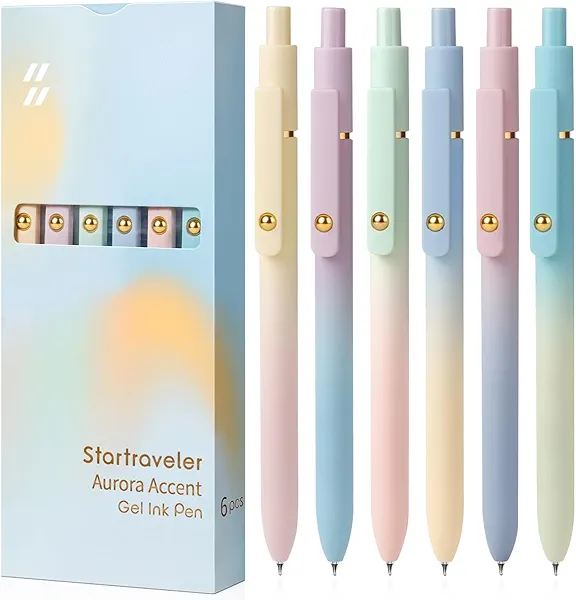 FIOVER Gel Pens, 6 Pcs 0.7mm Comfort Grip Quick Dry Black Ink Pens Fine Point Smooth Writing Pens, Cute Office Back to School Supplies Gifts for Women (6PCS Gradient Black Ink)