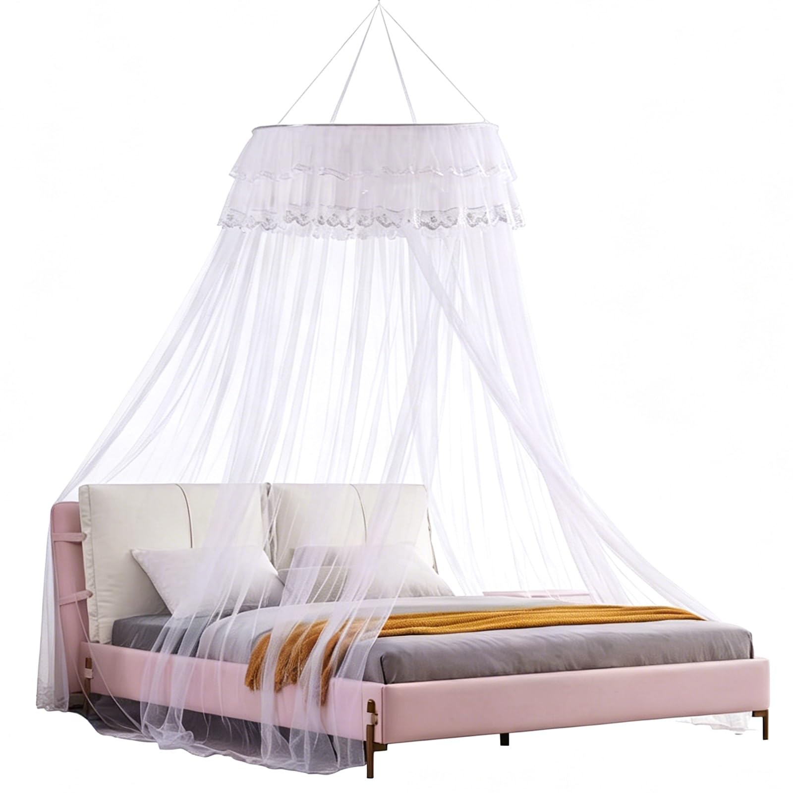 SARKEY Tulle Mesh Round Bed Canopy,Princess Beds Canopys For Girls,Floor-standing Mosquito Net,Cozy Drape Netting,Hanging Reading Nook,Ceiling,for Women Adults Bedroom Decoration(White)