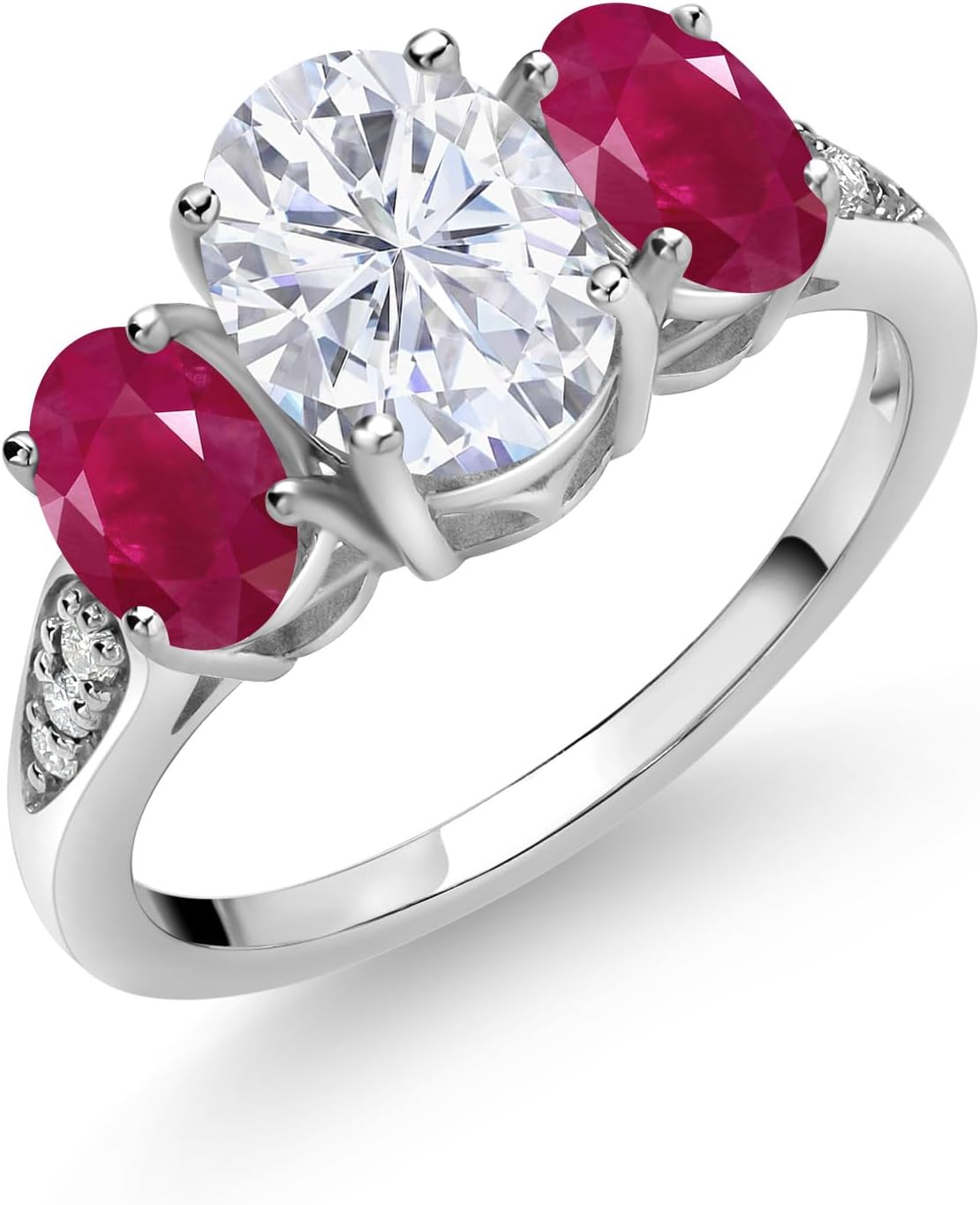 Gem Stone King 10K White Gold 3-Stone Engagement Ring for Women | Moissanite Gemstone Birthstone & Lab Grown Diamond | Oval 8X6MM 6X4MM | Wedding Anniversary Ring