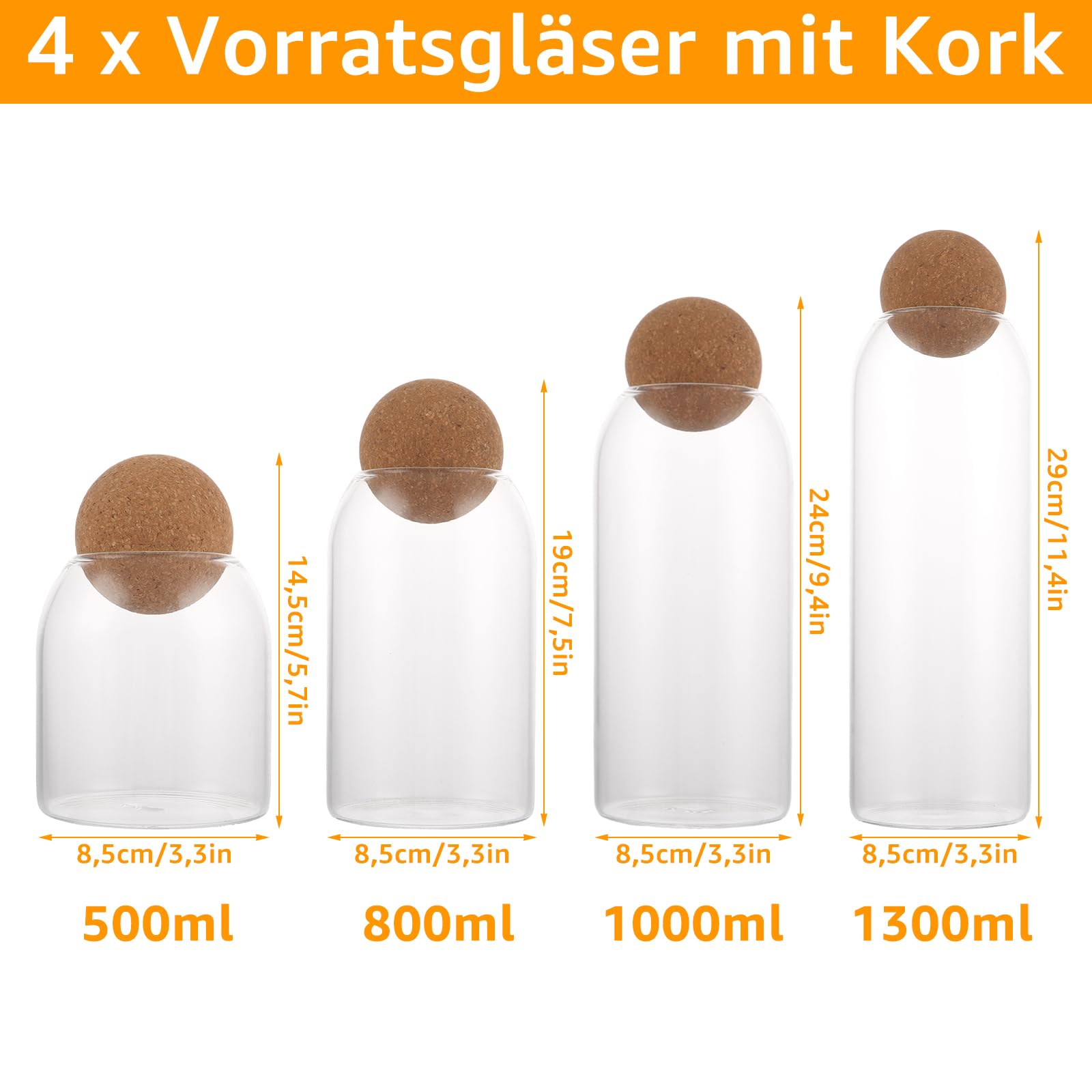 Juego de 4 tarros de cristal con tapa de corcho, 500 + 800 + 1000 + 1300 ml de cristal hermético, para alimentos, cocina, tarros de almacenamiento, para galletas, café, azúcar, especias