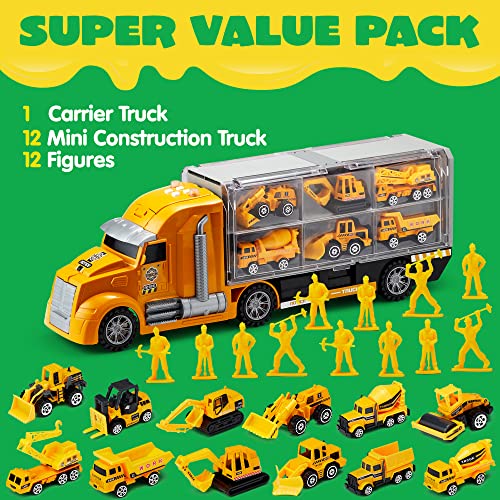 Joyin 25 In 1 Die-Cast Construction Truck Vehicle Toy Set, Play Vehicles Set With Sounds And Lights In Carrier Truck, Push And Go Vehicle Car Toy, Kids Birthday Gifts For Over 3 Years Old Boys #TOP1