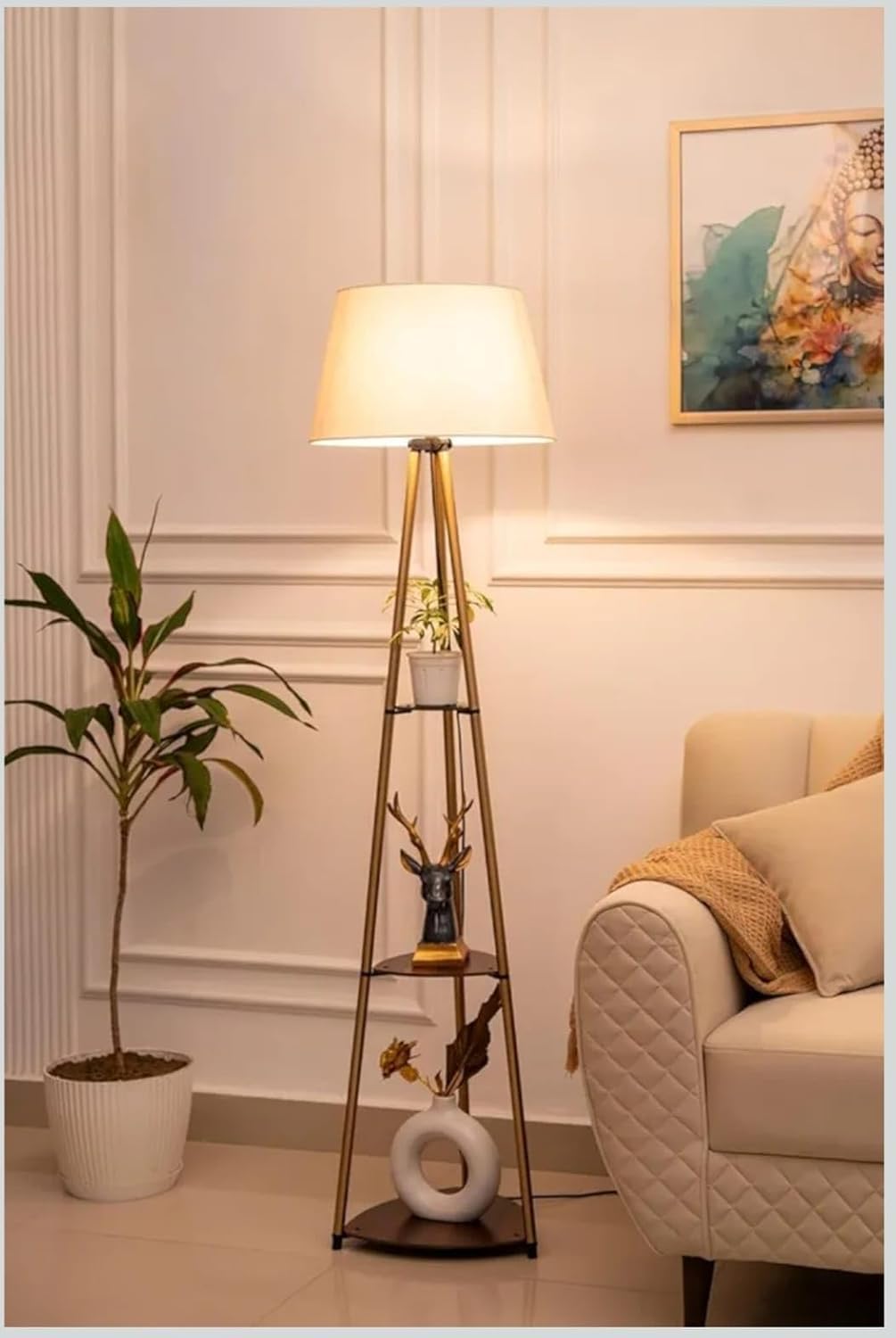 Modern Wooden Tripod Floor Lamp with Display Shelves | Premium Standing Lamp with Beige Shade for Living Room, Bedroom, Office, Reading Corner & Home Décor-image-42