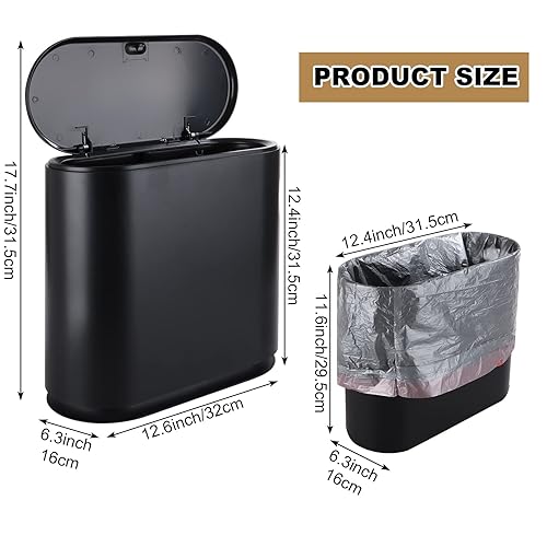 Miniatura 2 de ABuff Cubo de basura pequeño de 12 L con tapa tipo prensa, contenedor de basura delgado de 3.17 galones, cesta de basura de plástico negro para