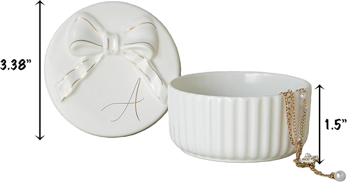Caja Joyero Cerámica Monograma Inicial con Lazo Blanco y Dor miniatura 2