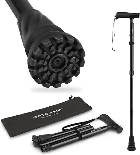 GPTCAMP Bastón de caminar para hombres y mujeres, bastones ajustables con mango en T, diseño plegable y plegable, punta de pivote antideslizante,