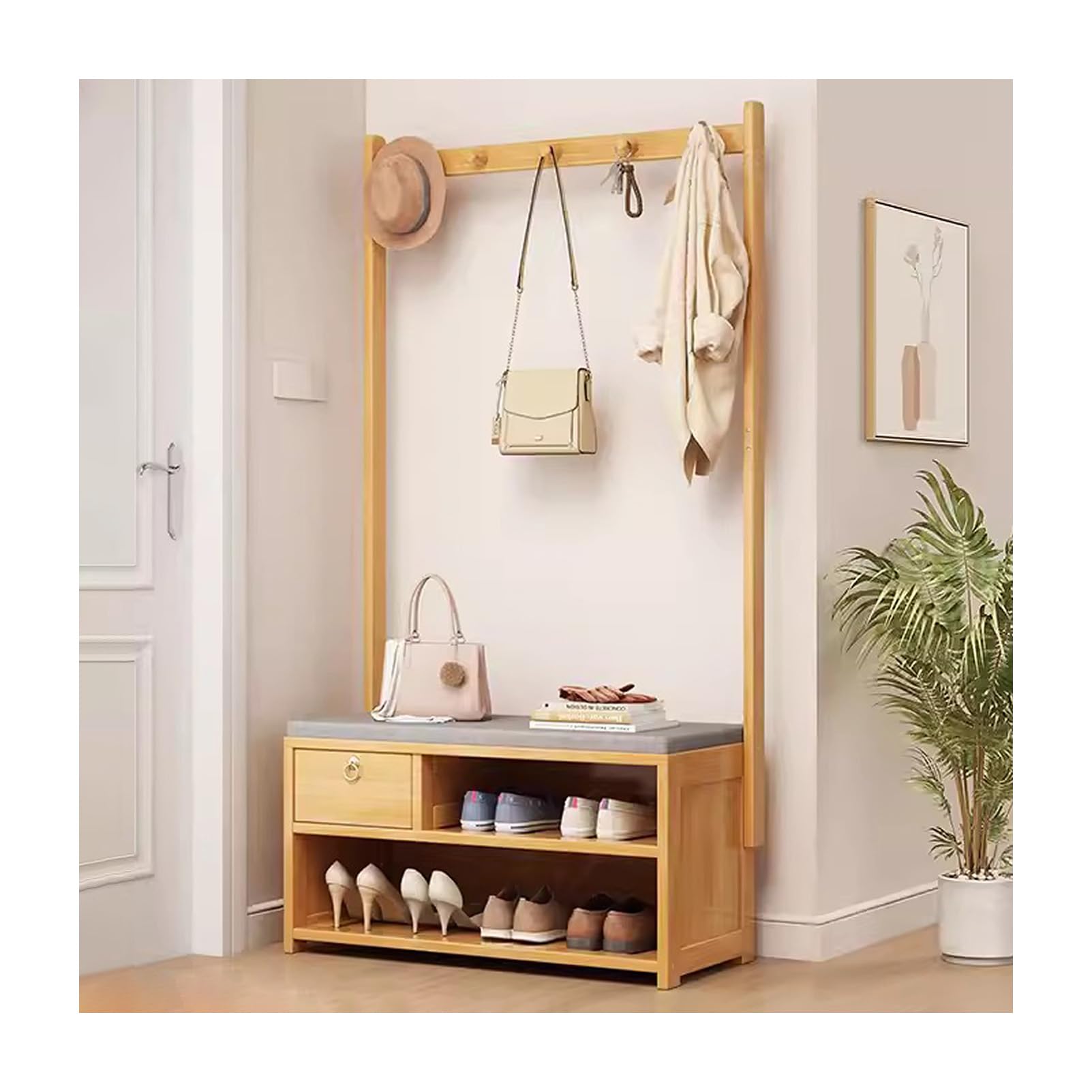 MYUYEE Entryway Bench With Coat Rack Freestanding, Hall Tree Storage Shelf Orga With Shoe Bench, Wall Rack, Hooks And Drawers, Rustic Wood Color(Wood Color-80 X 30 X 168Cm)