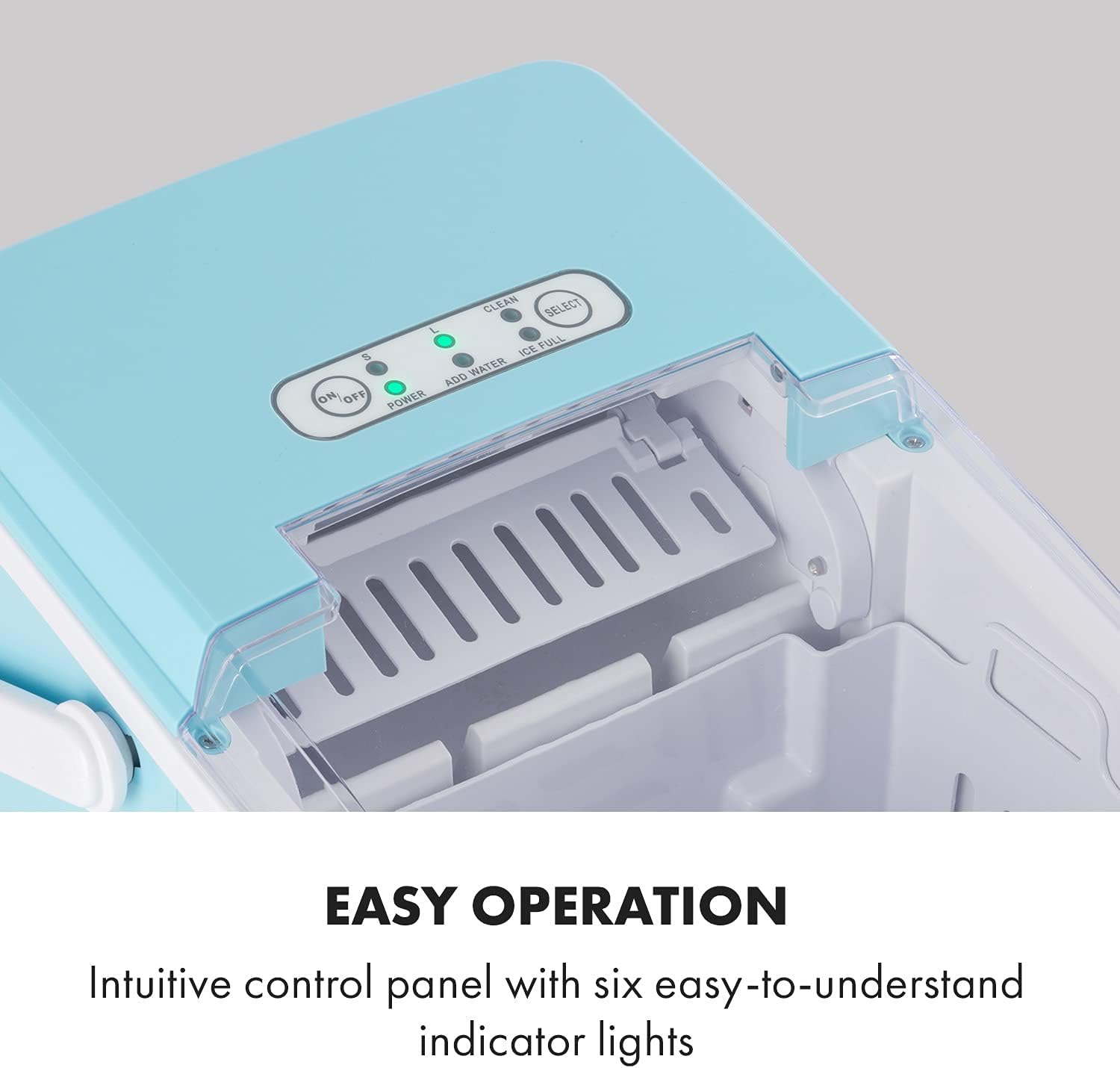 Close-up of the control panel of the Klarstein Arctic Porter Ice Cube Maker with indicator lights.