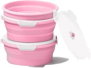 Vdomus Collapsible Food Storage Containers - Leak Proof, Microwave Safe - 40.5oz/1.2L Airtight Silicone Food Containers - Meal Prep Collapsible Bowls with Lids - Set of 3 - Pink