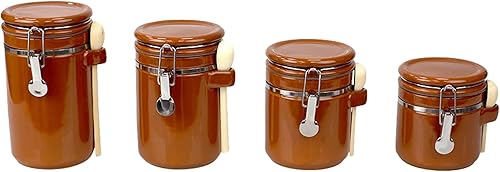 Miniatura 1 de Juego de 4 recipientes de cerámica con tapa superior de abrazadera hermética y cucharas de madera, organizador de encimera de cocina, café,
