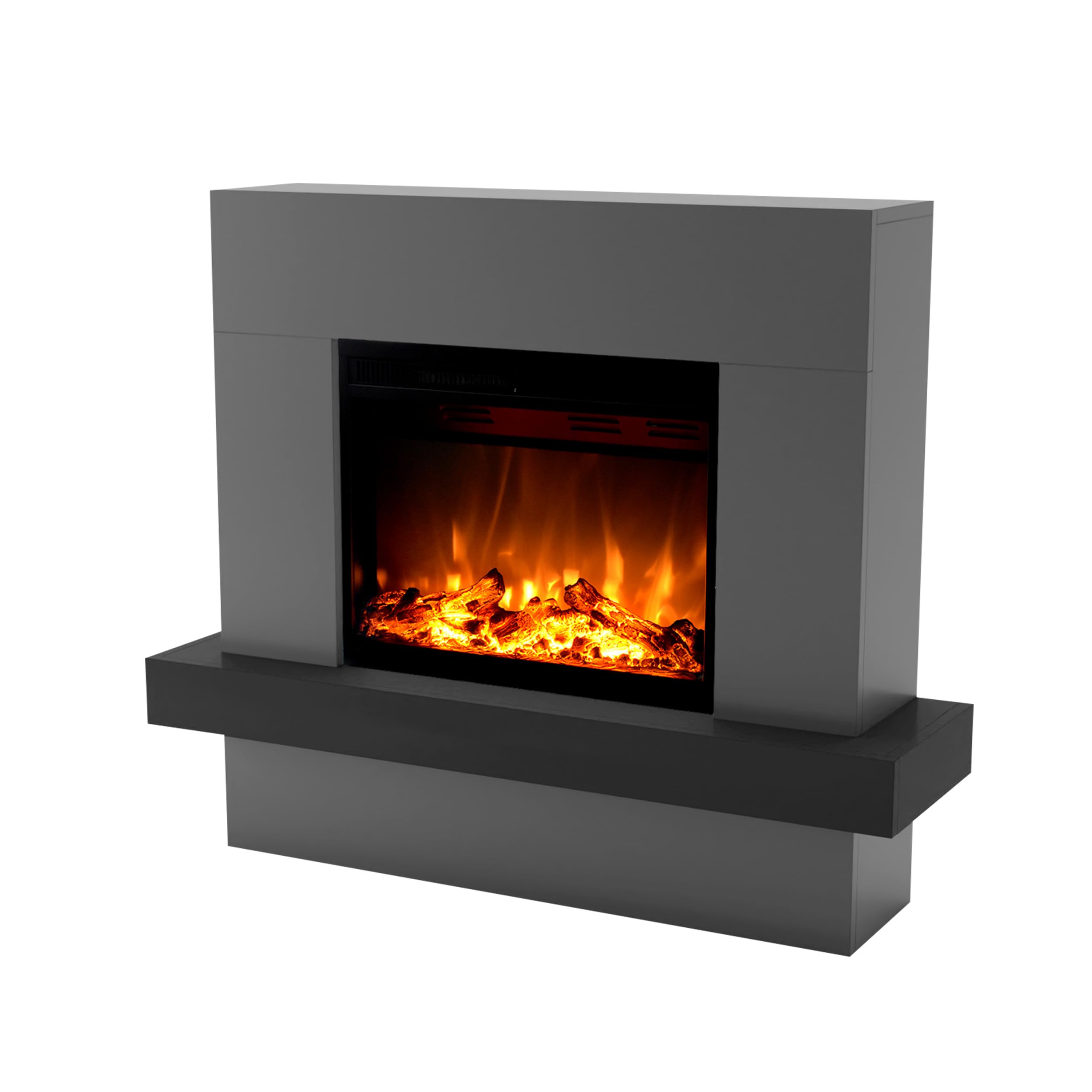 GLOW FIRE Wolnostojący kominek PANDORA Elektryczny z ogrzewaniem, płomień LED w 3 kolorach, nawiew, dekoracja drewniana, pilot, 114x97x32 cm, Szary