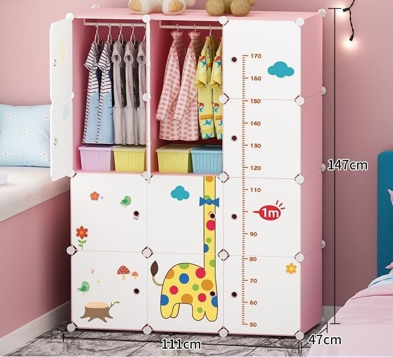 Image of Plastic Wardrobe for Kids Clothes - 12 Door Foldable Cupboard for Bedroom, Baby Clothes Storage Almirah with Doors, Collapsible Wardrobe Kids for Home (R5 Pink)