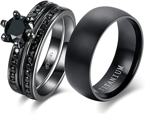 LOVERSRING - Juego de anillos de boda para pareja para ella y para el anillo para mujer chapado en oro negro de 18quilates con circonita anillo para