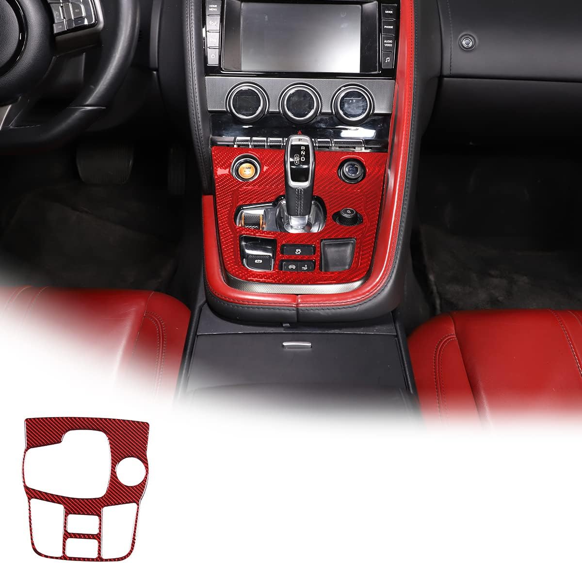 Soft Carbon Fiber Car Interior Gear Shift Frame Trim Sticker for Jaguar F-Type 2013-2022 Center Console Trim Cover Sticker (Style B, Red)