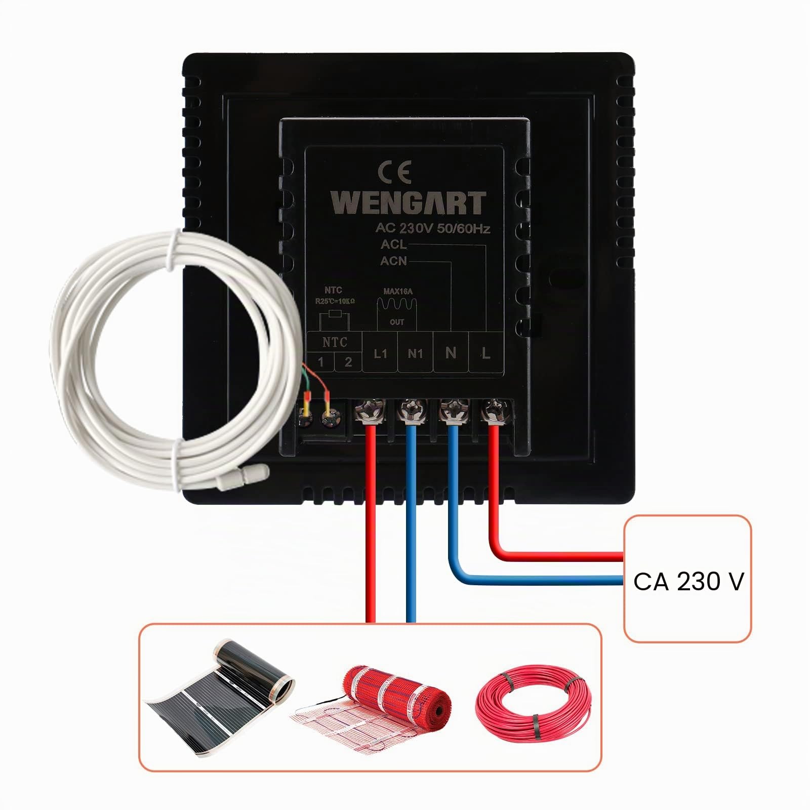Wengart Thermostat de Chauffage au Sol Électrique WG808-16A 230V - Utilisation Ultra-Simple sans Programmation - Écran LED Tactile - Sonde de Sol 3m Incluse