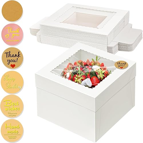 Miniatura 1 de WLUSEAXI 15 cajas para pasteles, 10 x 10 x 8 pulgadas de alto con ventana, cajas blancas de panadería con calcomanías, caja grande desechable para