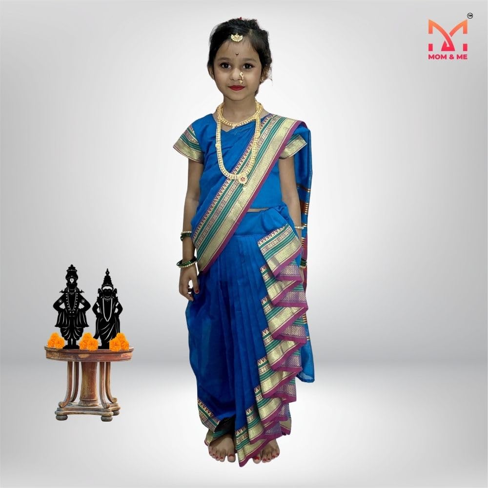 Mom and Me Girls' Ready-to-Wear Mastani Nauwari Saree with Stitched Blouse | Traditional Maharashtrian Ilkal Border | Soft Acrylic Cotton | Age 12 Months to 15 Years (Blue, 12-13 Years) - Image 6 thumbnail