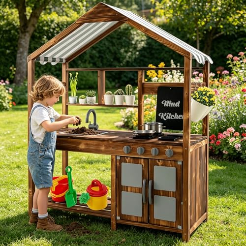 HONEY JOY Mud Kitchen with Canopy, Fir Wood Play...