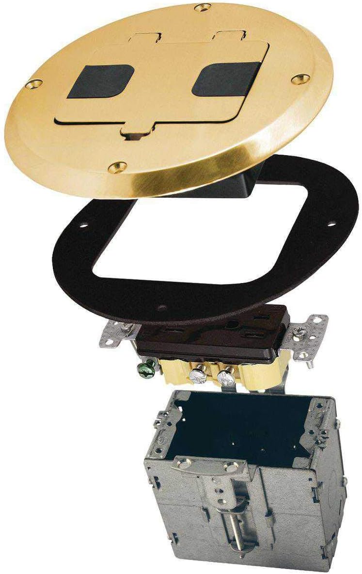 RACO 6239BP Floor Kit with Recessed Duplex 15A TR Device and Adjustable Steel Box, 1-Gang, Brass