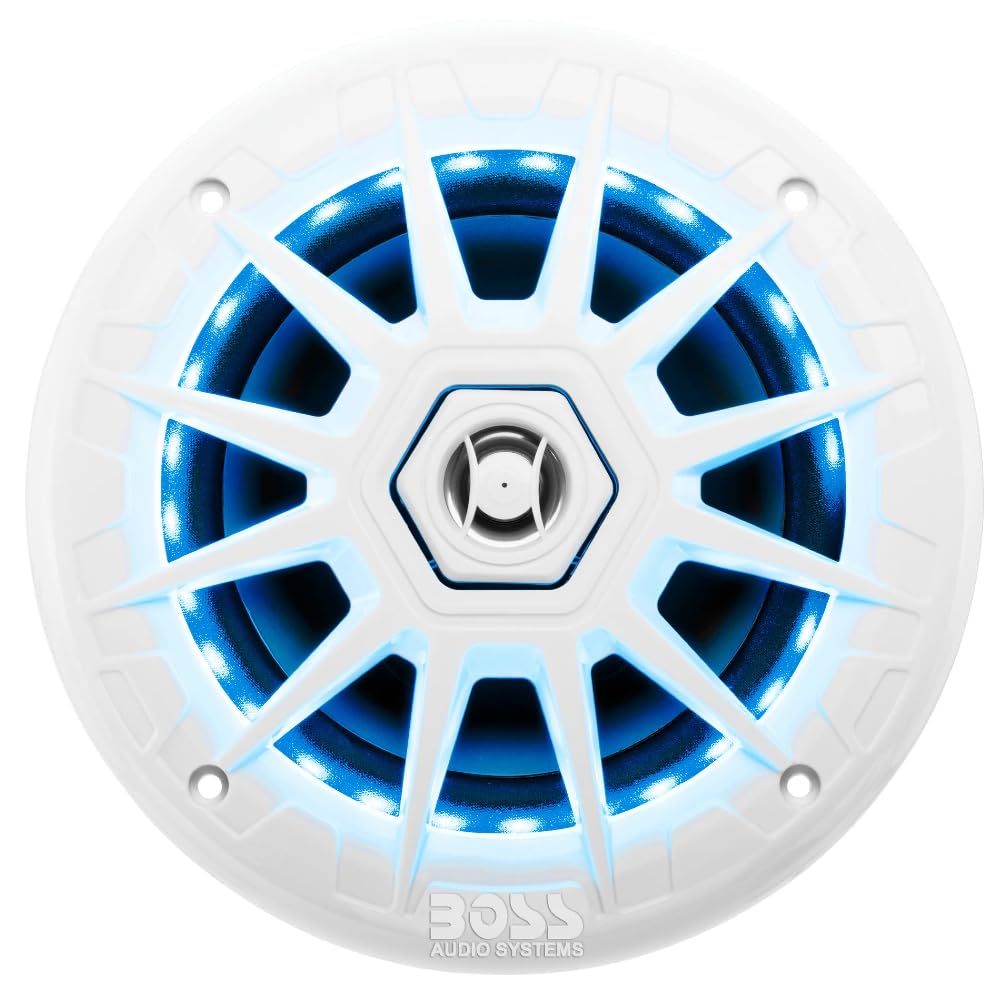 KIT SET PER BOSS AUDIO SYSTEMS MRGB65 2 altoparlanti marini full range a 2 vie da 6,5" 16,5 cm 165 mm, 100 watt rms 200 watt max, 4 ohm, impermeabili, con led rgb, a coppia + telecomando
