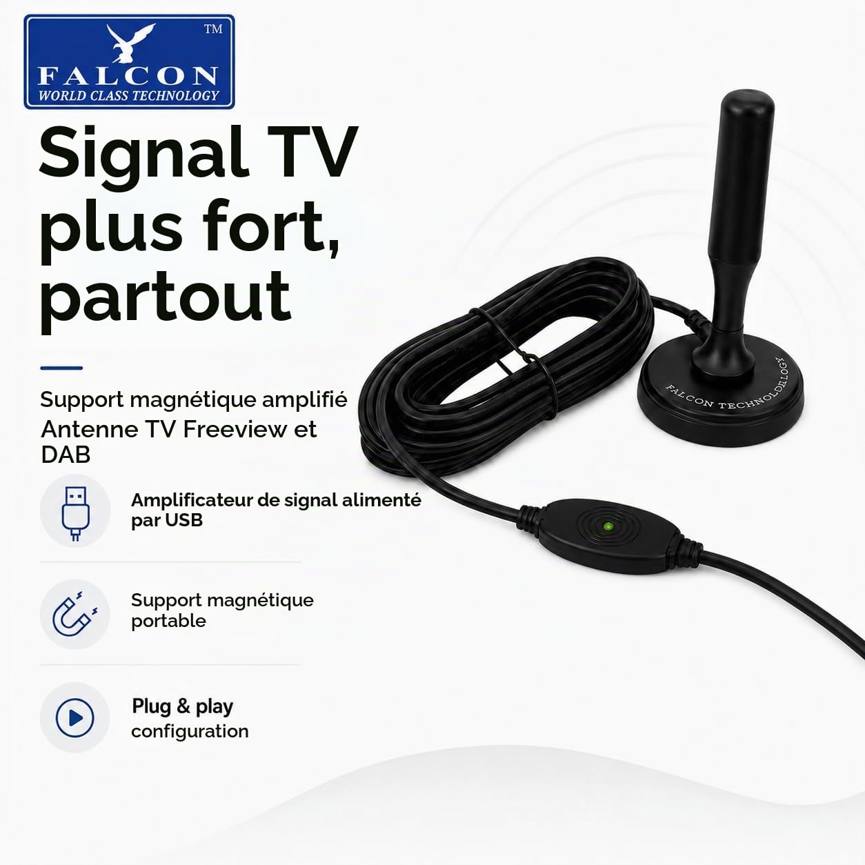 Falcon - Antenne DTV portable amplifiée avec support magnétique pour caravane et camping-car (amplifiée)