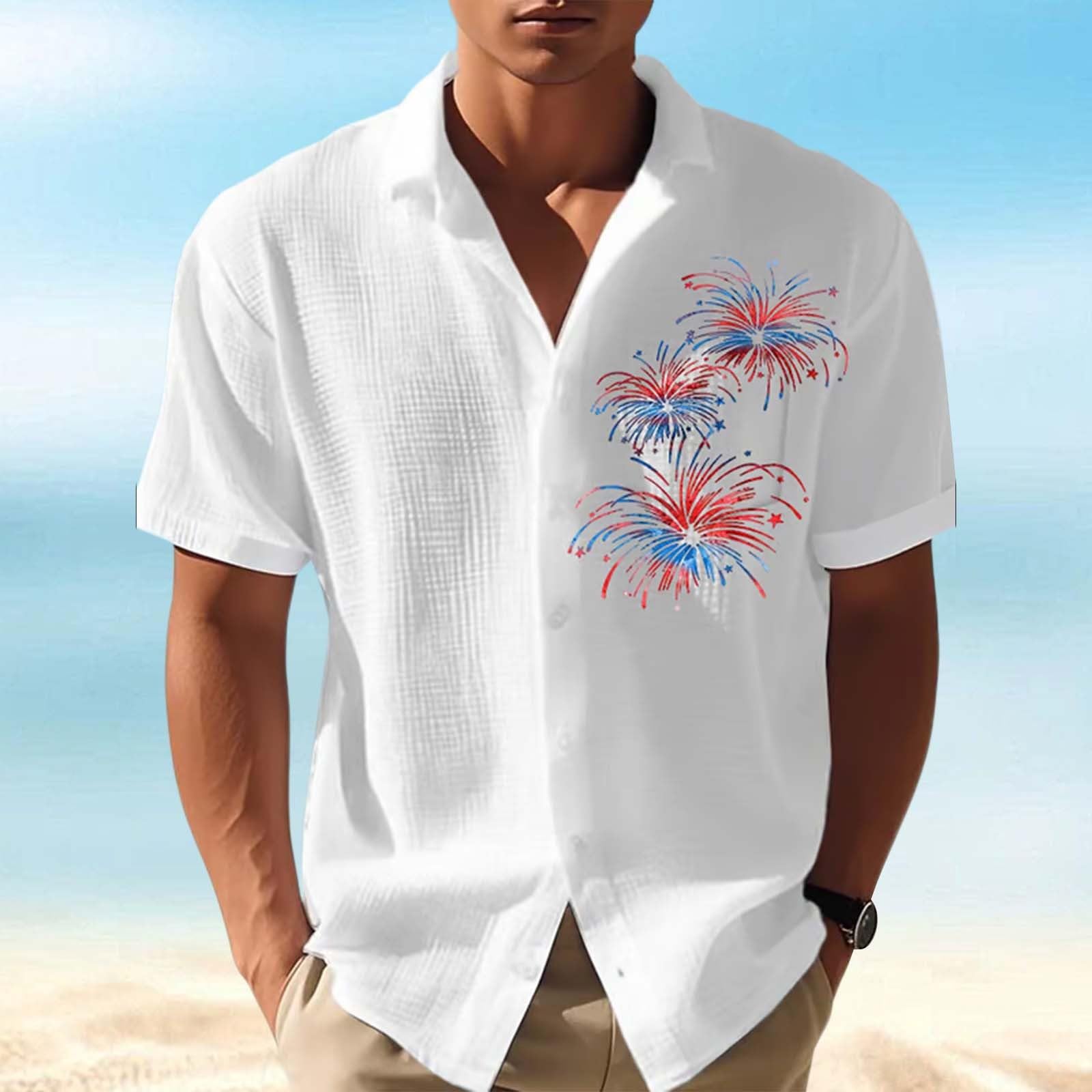 Chemise en Lin Homme Manches Courtes Motif Fête De L'Indépendance, Décontractée, Respirante Coton Bleu Ciel Legere Été Chemisette Rose Blanche Mariage Hawaienne Manche Courte Femme