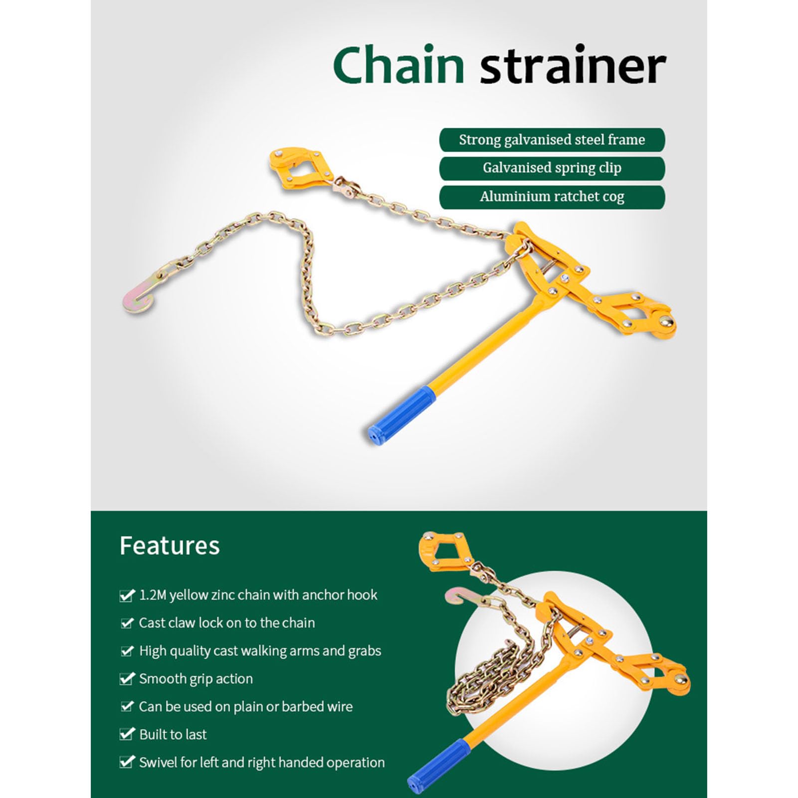 Duty Chain Link Zaunwerkzeug 2200LB Spannung, 1, 2 m Stahlkette für Drahtgeflecht und Gartenverstärkung, Zaunspanner, Werkzeug, Spanner, Drahtspanner, Verbindungswerkzeuge