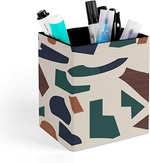 Abstract Geometric Pattern Leather Square Pen Holder | Pencil Cup Desk Organizer,4.3x3.5x3.1 in,For Pens,Pencils,Markers,Brushes And Stationery At Office,Home Or School